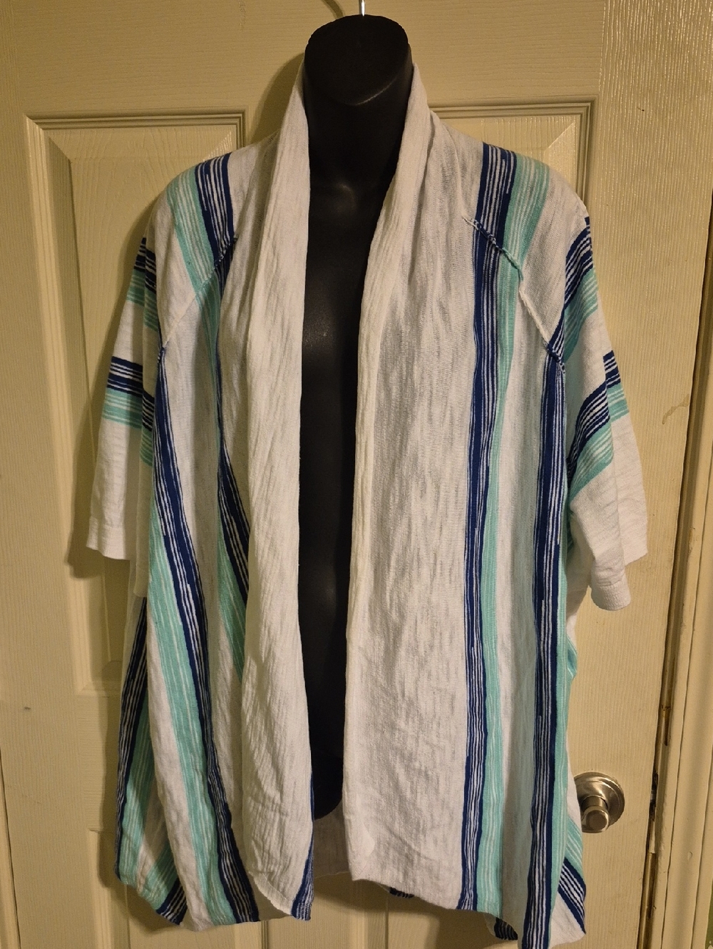 Sejour White Cardigan with Blue and Mint Stripes